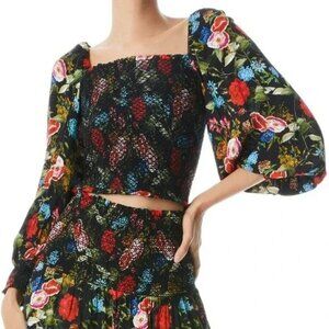 Alice + Olivia Cooper Floral Smocked Bodice Top in Wild and Free Size XL/LG